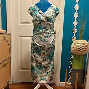 London Times Teal and Black Floral Pencil Dress